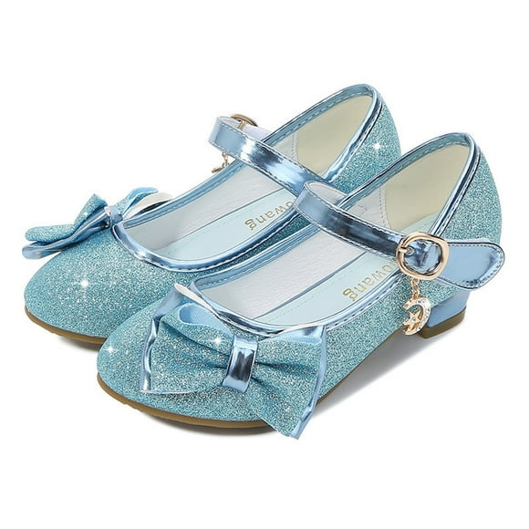 LOVZFMLL Toddler Little Kid Girls Dress Shoes Wedding Party Prom Low Heels Glitter Mary Jane Princess Bow Shoes Footwear Blue 10-11 Years