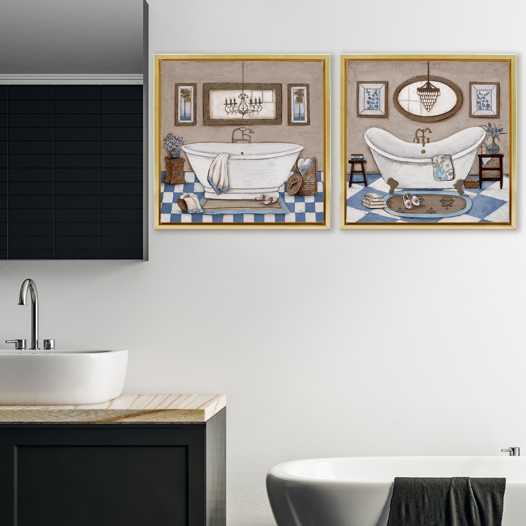 Stupell Industries Tiled Bathroom Views 2 Piece Gold Framed Floater Canvas Set, design by Janet Tava