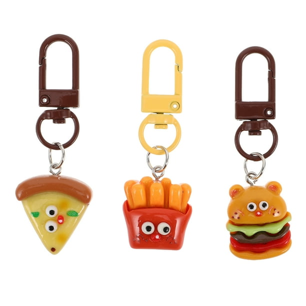 Juego de 3 llaveros de comida rápida para niños, con forma de hamburguesa, pizza y papas fritas, accesorios geniales para llaveros, colgante de comida de imitación para recuerdos de fiestas