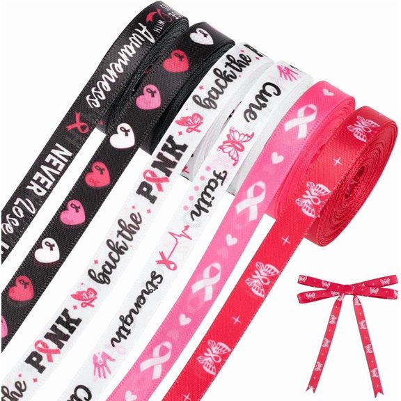6 Styles Breast Cancer Awareness Ribbon Black Pink Ribbons 3/8 inch Heart Grosgrain Ribbon Craft Trim