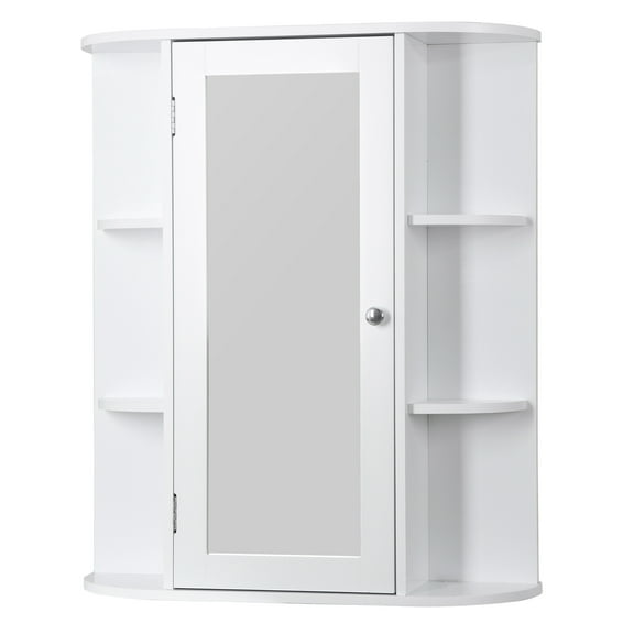 SKTPI Bathroom Medicine Cabinet, Wall Mount Mirrored Storage Cabinets w/Single Door & Adjustable Shelf, Multipurpose Wooden Organizer for Hallway Living Room Bedroom (White)