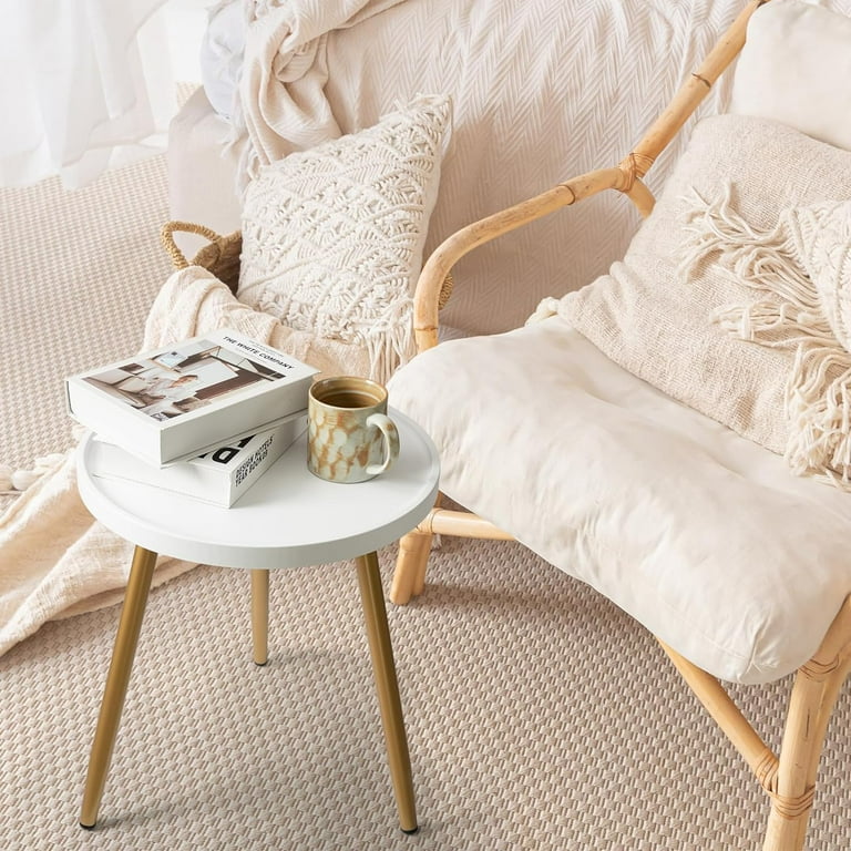 danpinera Round Side Table Metal Legged Accent Table with Wooden Tray Small Round End Table for Living Room Bedroom Nursery White Gold