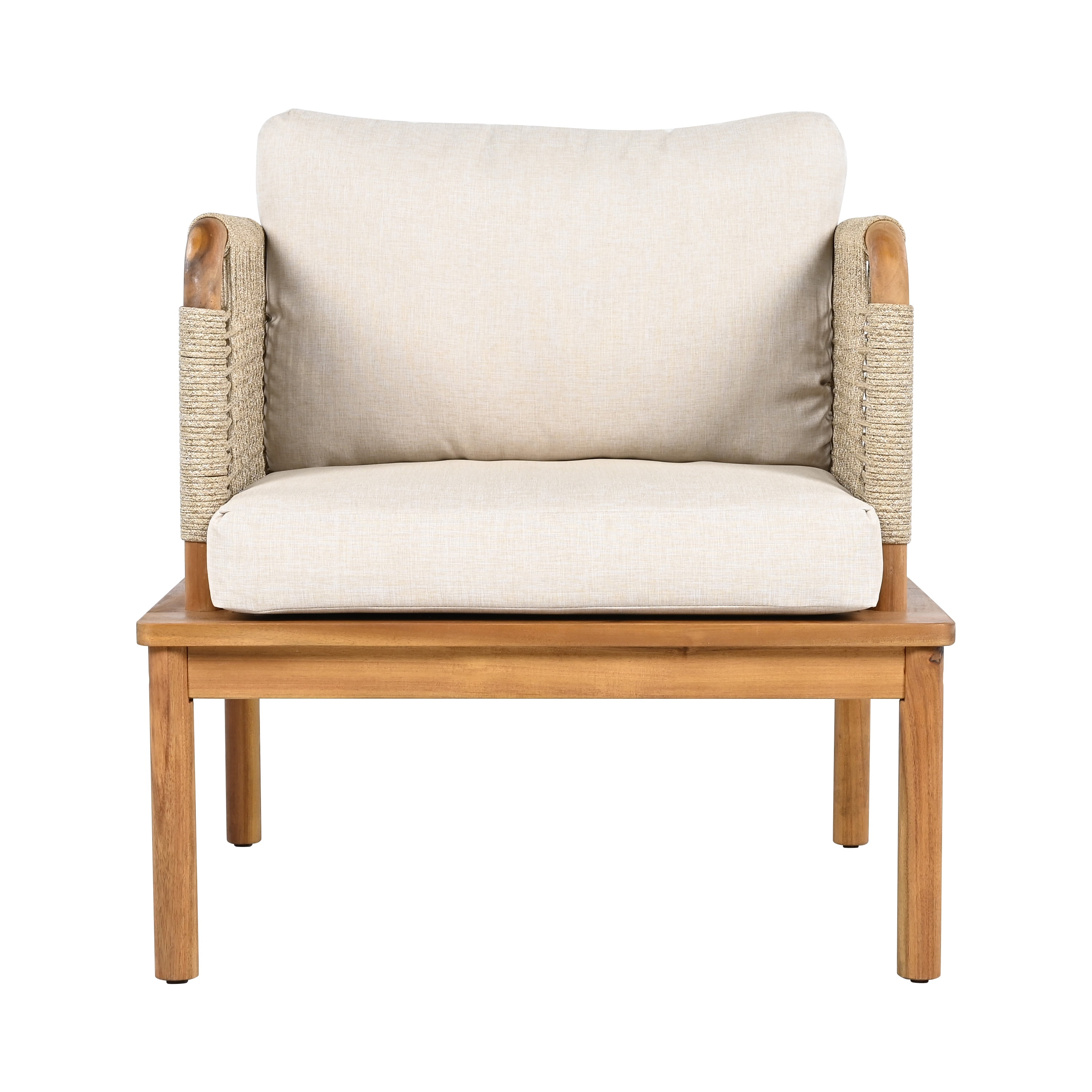 Outdoor Acacia Wood & Rope Club Chair with Plush Cushion, Weather-Resistant Patio Lounge Chair for Garden Porch Backyard, Teak+Beige