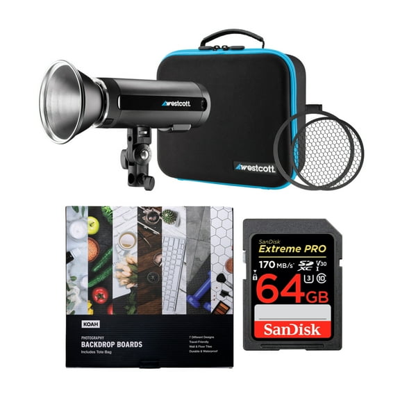 Westcott FJ200 200Ws Strobe Light with 64GB SD Card and Koah Backdrop Boards