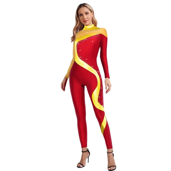Haitryli Women's Long Sleeve Gymnastics Unitard One Piece Dance Bodysuits Ballet Leotards Skating Jumpsuit Burgundy L