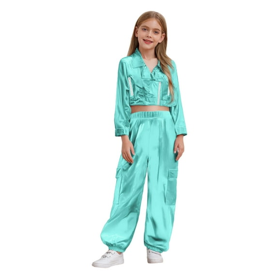 Haitryli Kids Girls Boys Jazz Hip Hop Dance Outfits Shiny Metallic Long Sleeve Jacket with Elastic Waist Cargo Pants Set Light Green 14