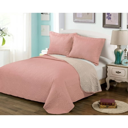 Luxury Home 3 Piece Solid Reversible Quilt Peach Light Grey