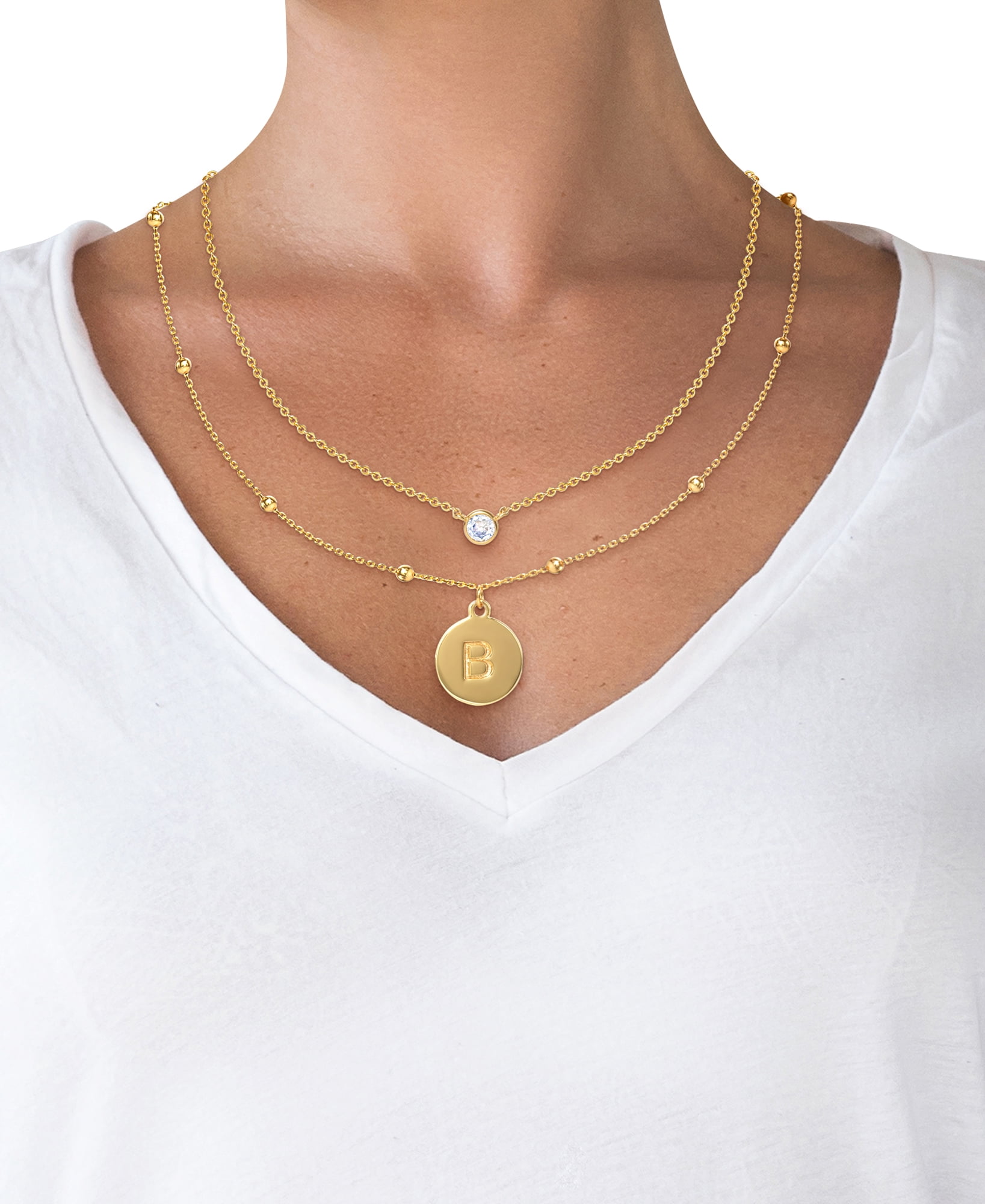 Believe by Brilliance Women's 14kt Gold Flash Plated Layered Cubic Zirconia and Initial B Necklace Set
