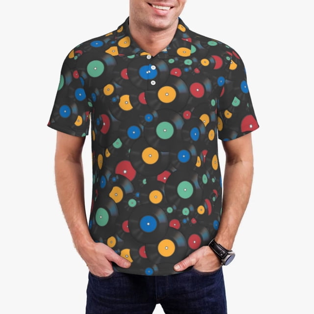Balery Vintage Records Camisa Polo de Hombre con Estampado, de Manga Corta y Tejido Medio, Camisa Tipo Golf Polo-Small