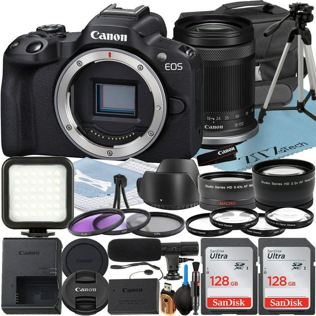 Canon EOS R50 Appareil Photo Sans Miroir avec Objectif RF-S 18-150mm + Lot de 2 Cartes Mémoire SanDisk 128 Go + Étui + Accessoire ZeeTech