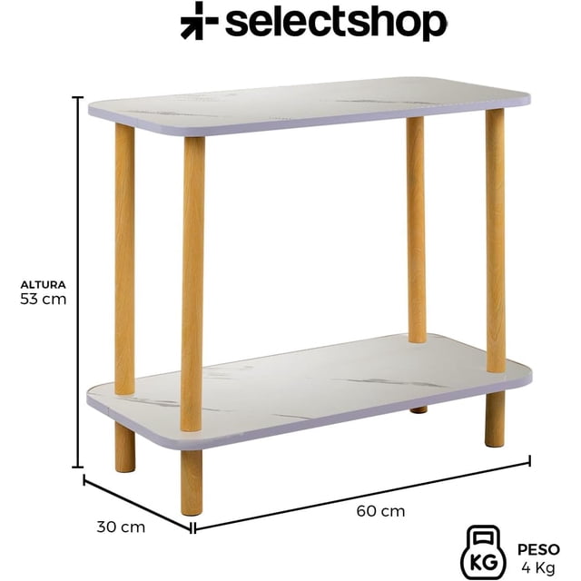 Mesa Centro Lateral Minimalista Madera Doble Repisa 60cm Color Blanco Marmoliado