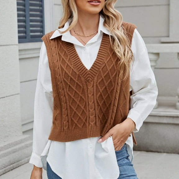 Goodtrade8 Winter Sweaters Lightweight Knitted Sweater Vests Casual Sleeveless Solid Color V-Neck Winter Tops for Women