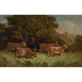 thumbnail image 2 of Edward Mitchell Bannister 18x13 Black Ornate Wood Framed Double Matted Museum Art Print Titled - Untitled (Five Cows in Pasture, Rooftop in Background) (1894), 2 of 5