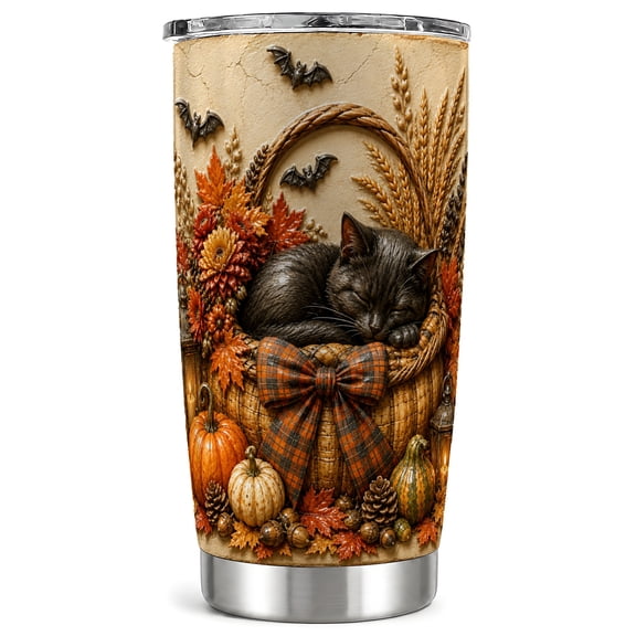 Black Cat Tumbler 20oz, Autumn Pumpkin Tumbler, Stainless Steel Travel Cup