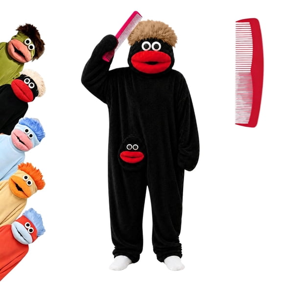 Funny Big Mouth Monster Onesie with Large Comb Prop,Gold Silly Puppet Cosplay One Piece Pajamas,Family Matching Warm Home Loungewear, Oversized Fleece Sleepwear for Halloween Cosplay Party Costume
