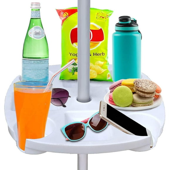 17" Beach Umbrella Table Tray with 4 Cup Holders, 4 Snack Compartments, White