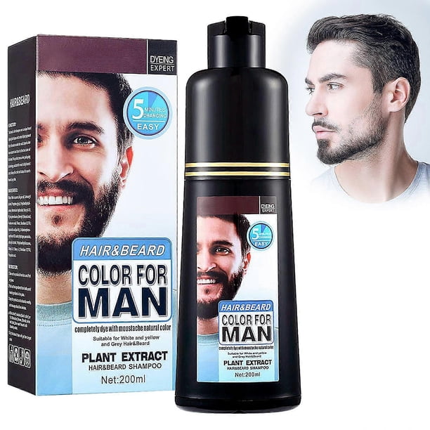 Tinte para barba para hombres, marrón oscuro, champú 3 en 1 para barba y cabello, cubre rápidamente las canas, larga duración.