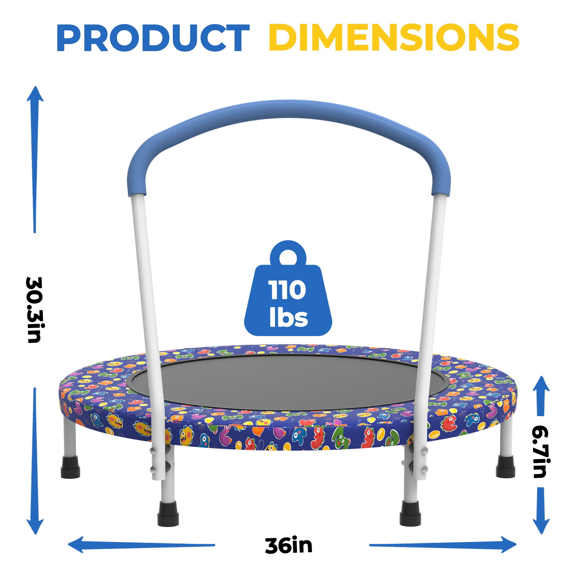 Mersco 36" Trampoline for Kids Indoor Trampoline with Handle for 2+ Years Kids Print