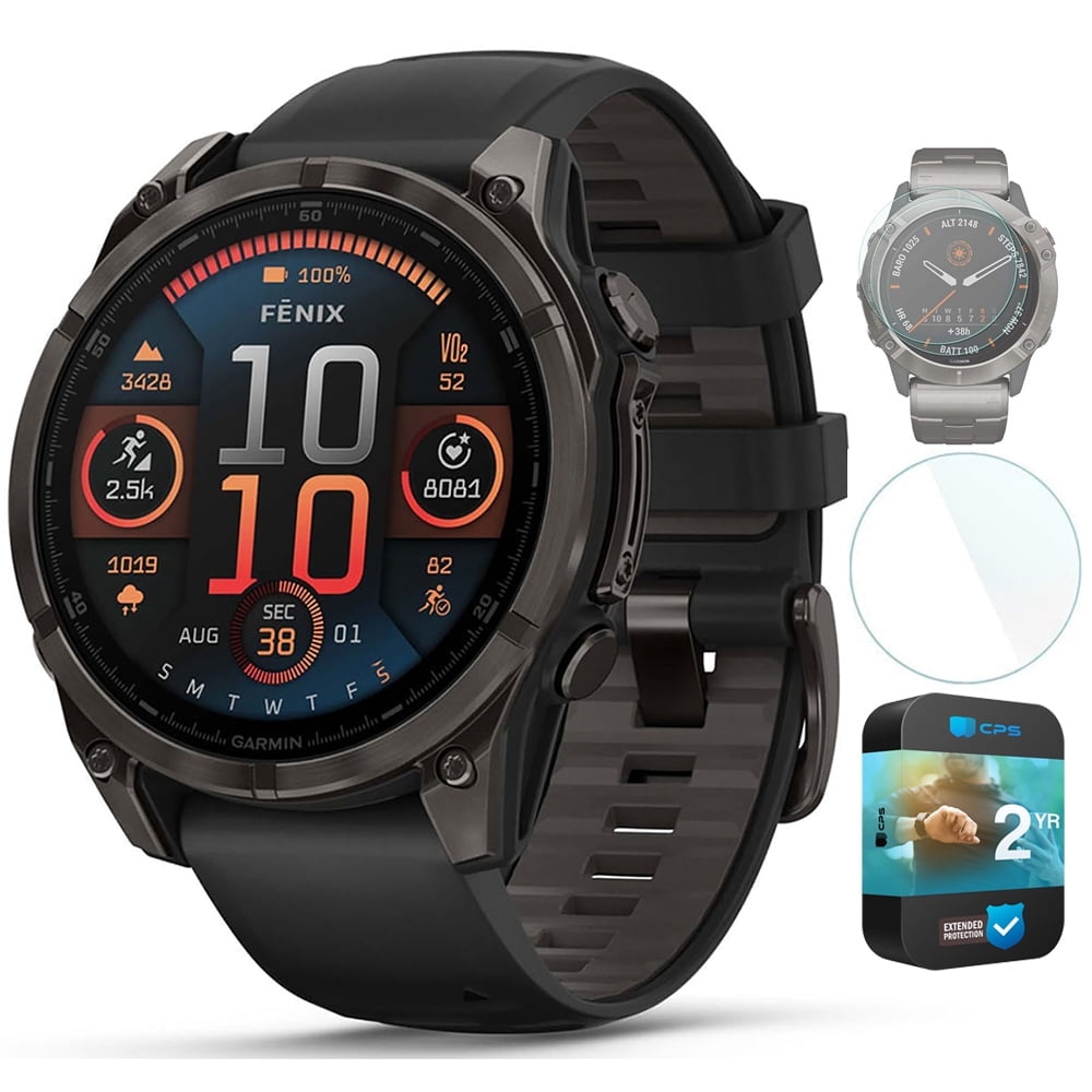 Garmin fenix 8 47mm AMOLED Sapphire Multisport GPS Smartwatch, Carbon Gray Titanium with Black Silicone Band, 010-02904-20 - Bundle w/Deco Essentials 26-Month CPS Plan