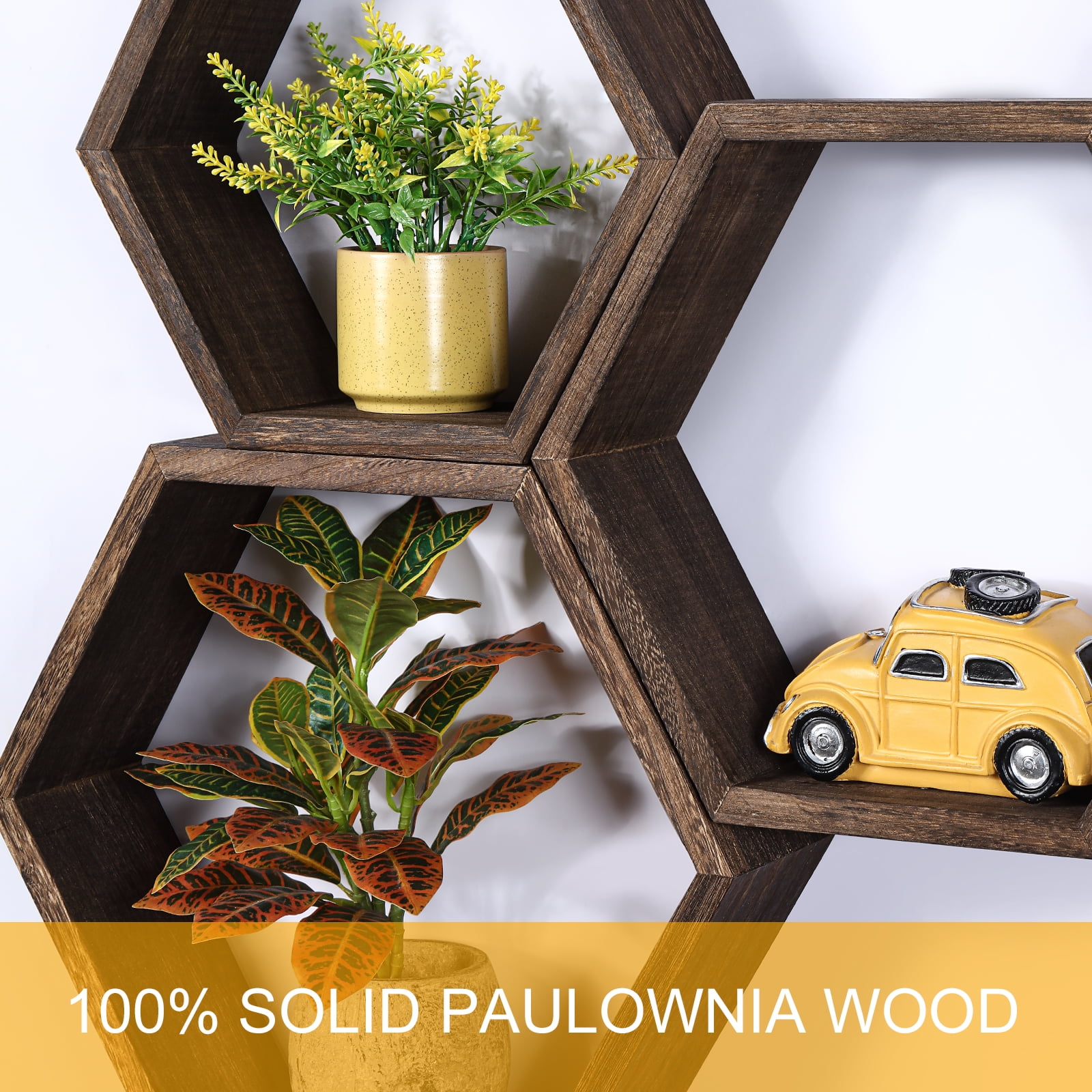 Hexagon Floating Shelves 5 Different Sizes Honeycomb Shelves for Wall, Brown