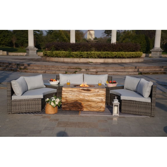 Abrihome 6-Piece Patio Gray Rattan Wicker Halfmoon Shape Sectional Sofa Set with Fire Pit Table