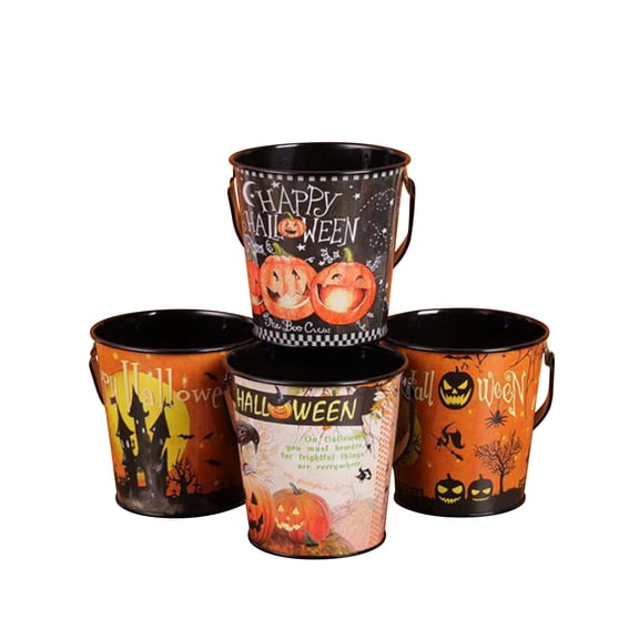 CASAFUN Halloween Trick or Treat Iron Pumpkin Bucket, Candy Basket and Buckets for Trick or Treating, Orange Halloween Pails with Handle for Kids Halloween Party Favors Supplies Props