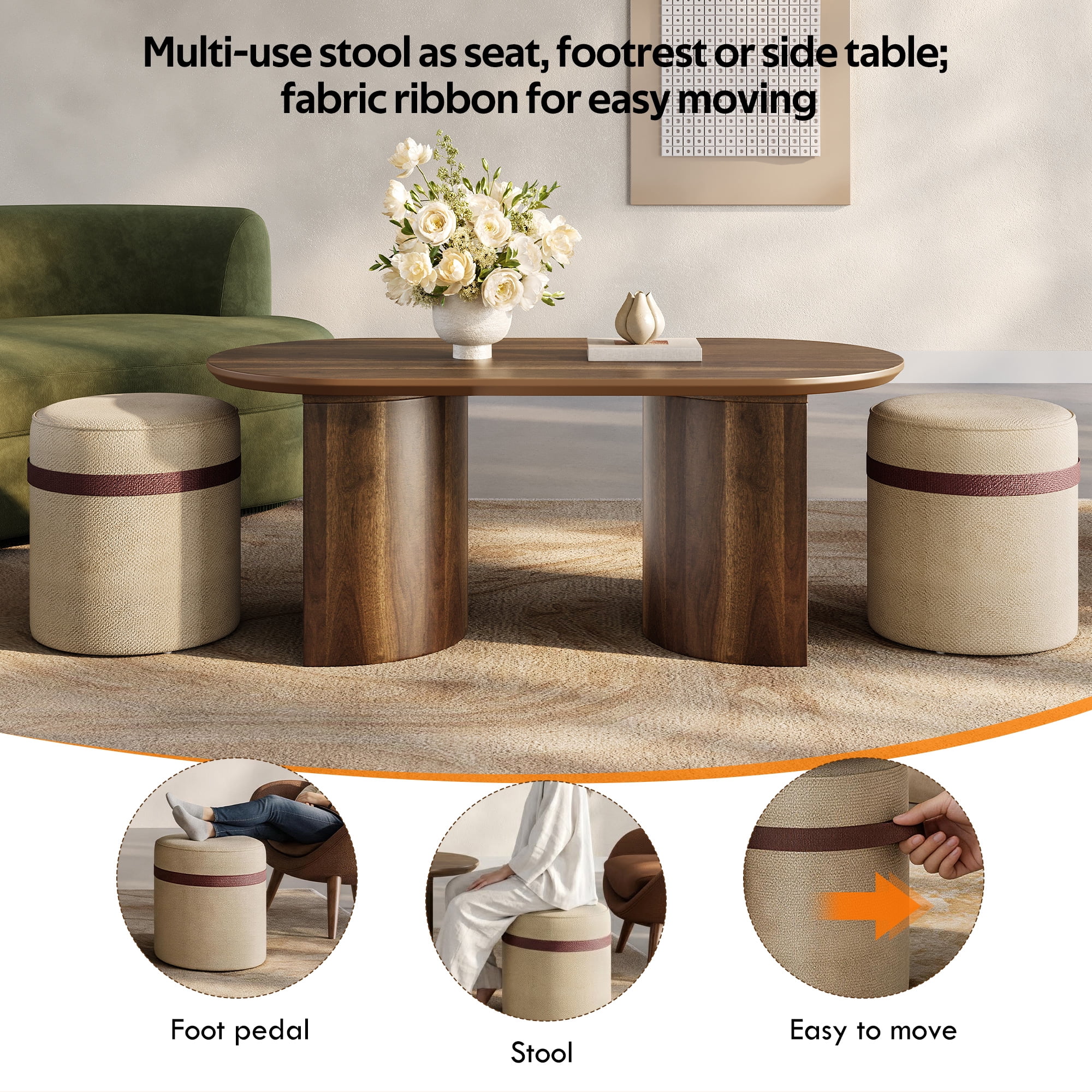 Oval Coffee Table Set 42.71 Inch, Wooden Center Table with 2 Matching Fabric Poufs for Living Room Reading Corner, Brown