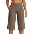 thumbnail image 6 of Women's High Waist Wide Leg Capri Pants Stretchy Workout Yoga Trousers Casual Athletic Lounge Pants with Pockets & Side Slits Coffee S, 6 of 7