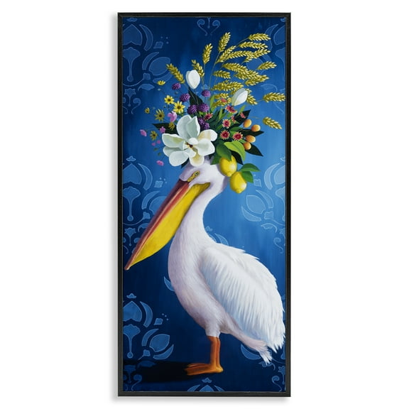 Stupell Industries Floral Pelican over Damask Animals Painting Black Framed Art Print Wall Art, 10 x 24