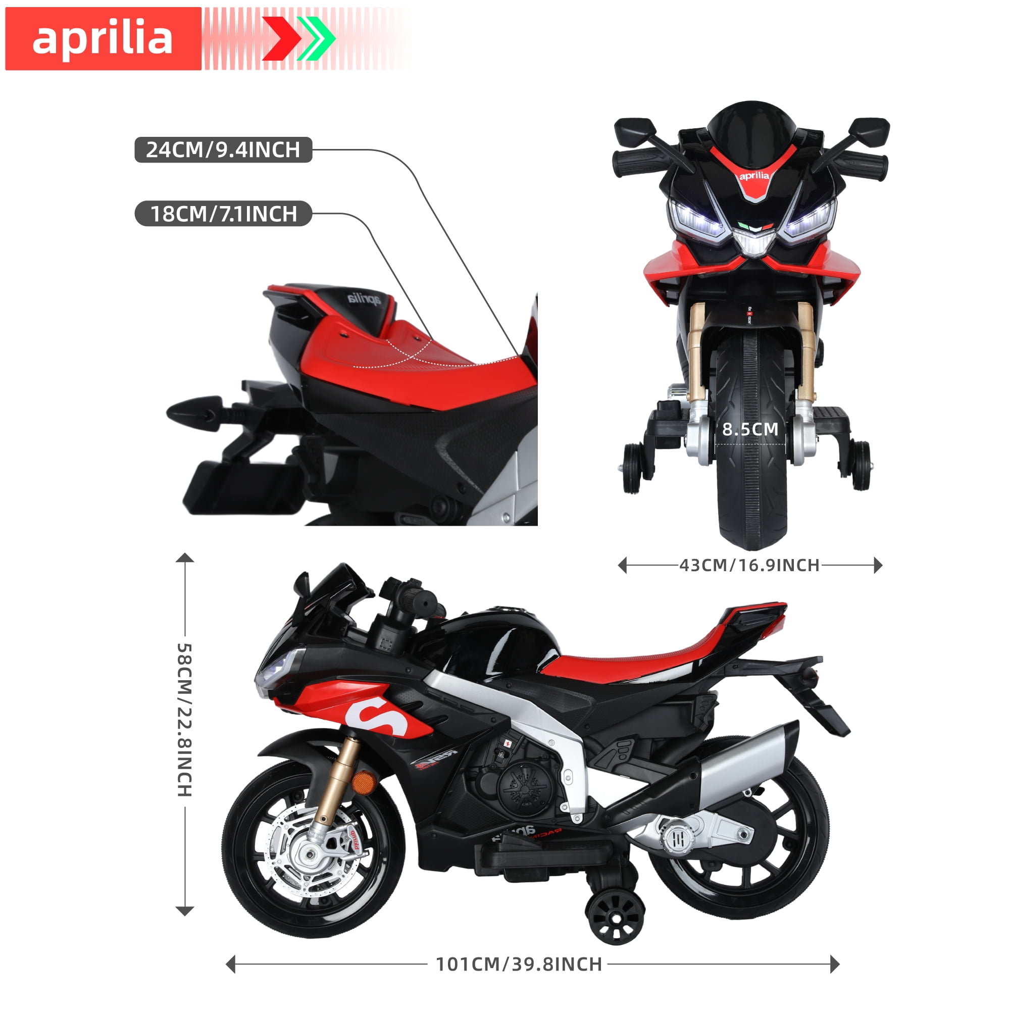HEIMILI Black 12V Aprilia Kids Motorcycle Training Wheels Battery Motorbike w/Bluetooth Music LED Lights