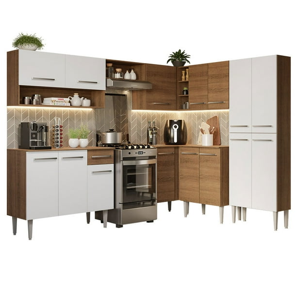 Cocina Integral Completa Esquinera 417cm Emilly Madesa 02 - Marrón/Blanco Madesa GCEM417002