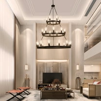 Danolapsi Wagon Wheel Chandelier 27-Light 3-Tiers Round Farmhouse Chandelier Light Fixture for Dining Room Kitchen Living Room Black