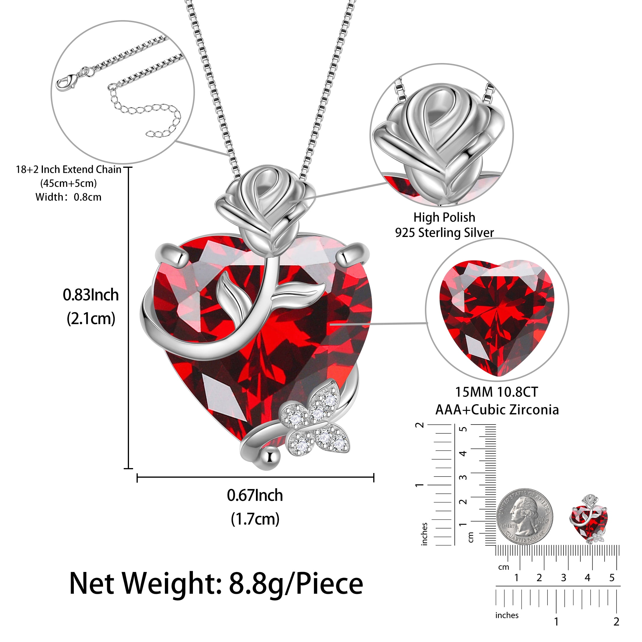 Juwaliy 15MM Women Rose Heart Necklace January Birthstone 925 Sterling Silver Butterfly Flower Pendant Garnet Jewelry Mother Valentine's Day Gift
