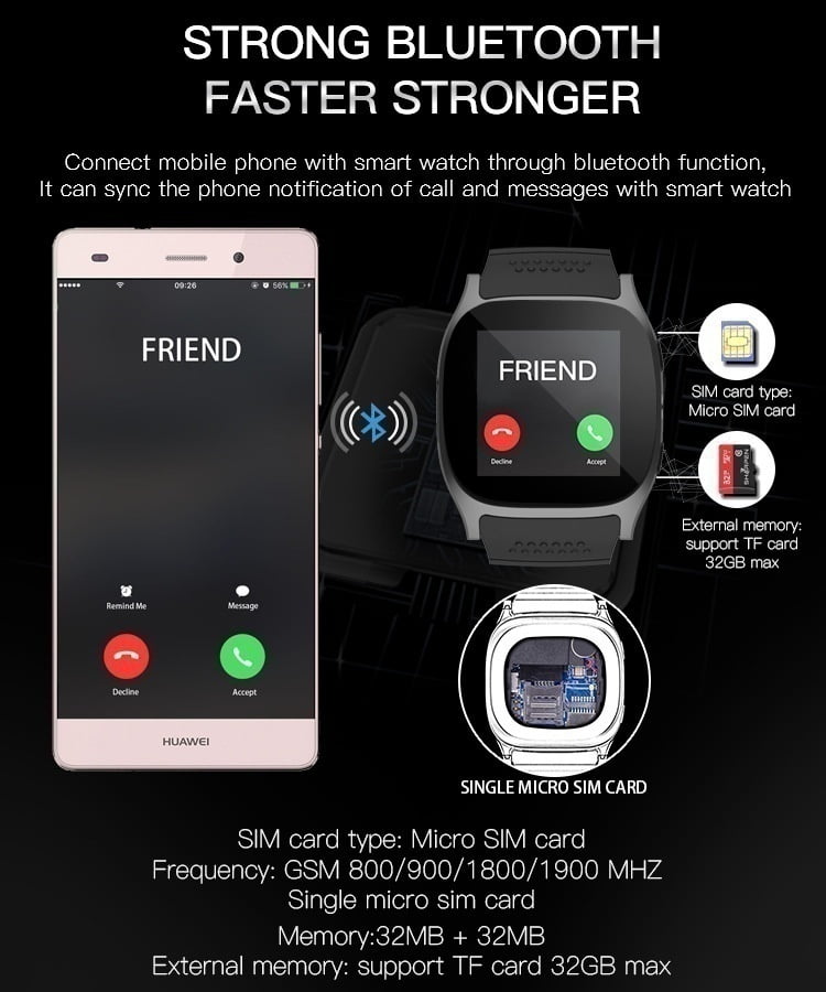 T8 Bluetooth Smart Watch with Camera Music Player Facebook Whatsapp Sync  SMS Smartwatch Support SIM TF Card for Android | Walmart Canada