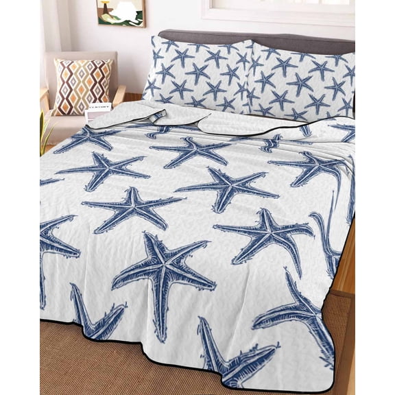 Navy Blue Beach Starfish Queen Size Down Alternative Comforter, Lightweight Comforter Quilt Bedding Set with Pillow Shams Summer Ocean Nautical Coastal All Seasons Bed Comforter Duvet Insert 90"x96"