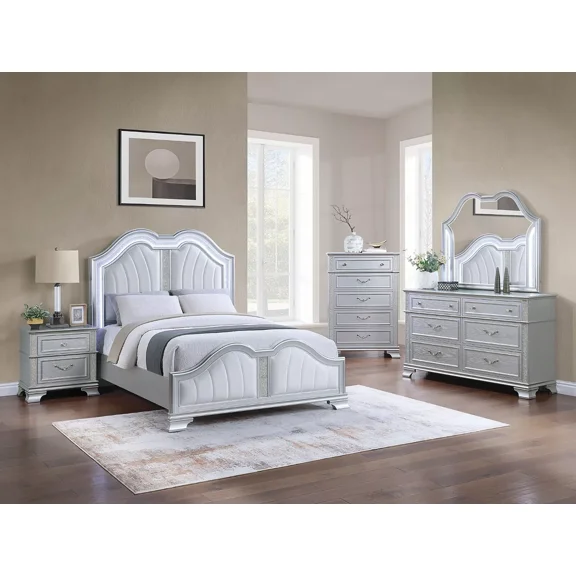 Traditional 4pc Bedroom Queen Size Bed Set Light Gray Arched HB FB Dresser Mirror Nightstand Furniture
