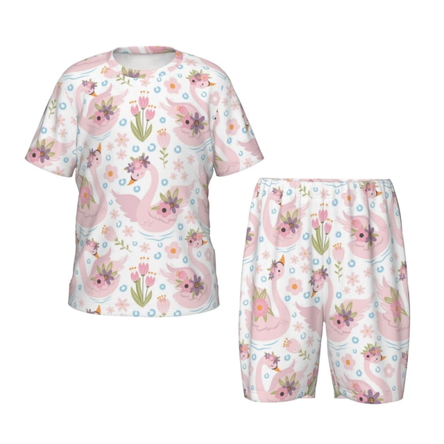 Balery Swan And Flowers Conjunto de Pijama Infantil de Manga Corta con Estampado – Ropa de Dormir de Algodón Suave-XX-Large