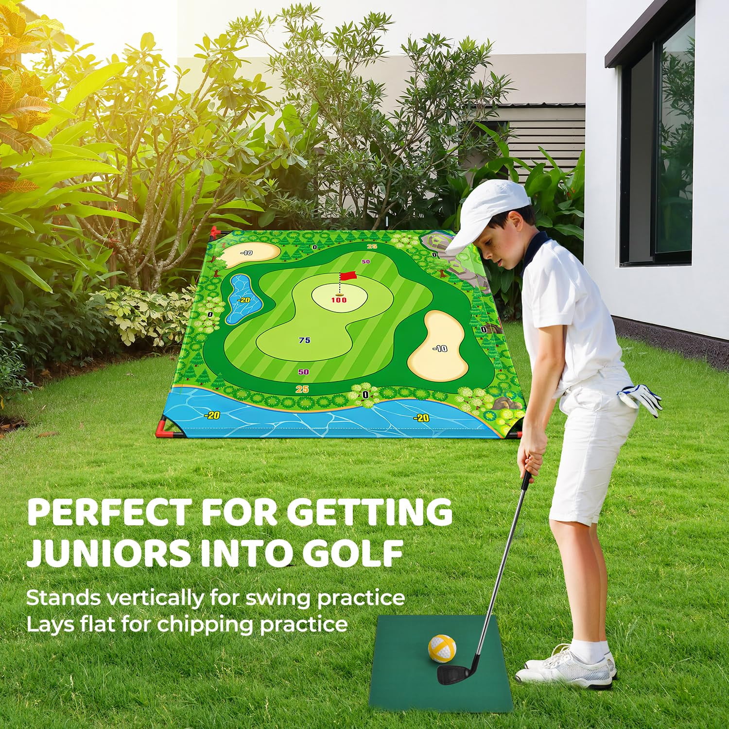 Mpow Golf Chipping Game-Golf Battle Game for Kids & Family, 54"x54" Golf Target Mat with 16 Sticky Balls, 8 Bean Bags, 6 Axes, 2 Soccer Balls, Fun for Outdoor Lawn, Backyard & Poolside Party