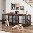 thumbnail image 6 of ModFusion 3-Door Brown Wood Texture Metal Dog Cage - Stackable Design with Corner L-Shape & Rotating Double Feeding Bowl, 6 of 10