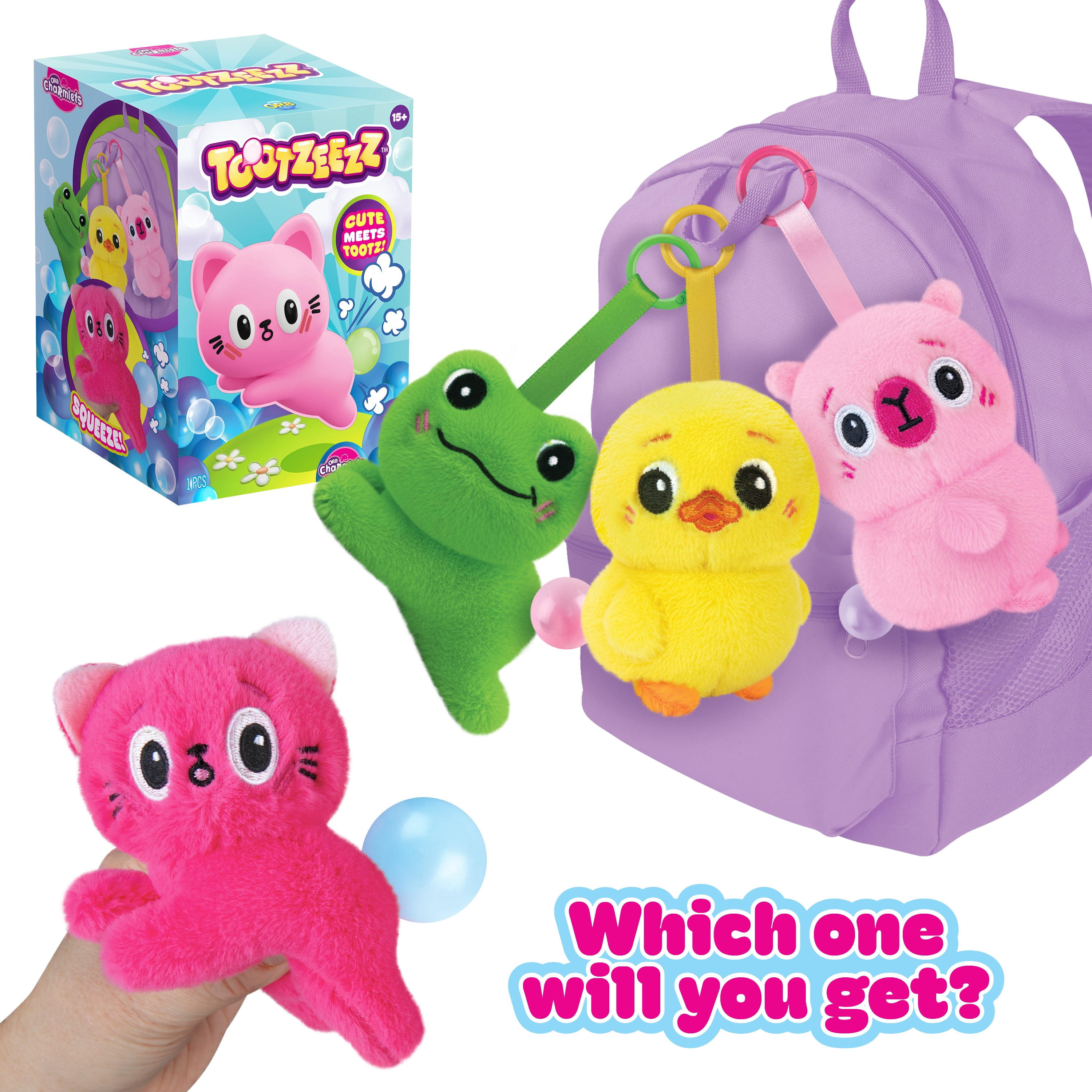 ORB Tootzeez Animals Plush Blind Box Keychain Charms - 1 Assorted Tootzeez Animal Fidget Plush Toy Charm - Squeeze for an Cute Toot Bubble - Collectible Squeeze Toys for Backpacks Keys Handbags More