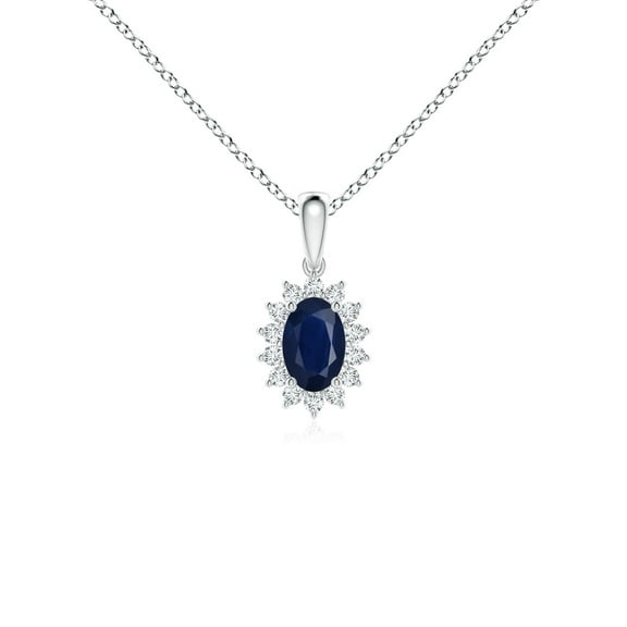 ANGARA Natural Oval Sapphire Pendant with Floral Diamond Halo in 14K White Gold for Women (Size-6x4mm) | September Birthstone, Anniversary, Jewelry Gift for Women | Natural Blue Sapphire Necklace