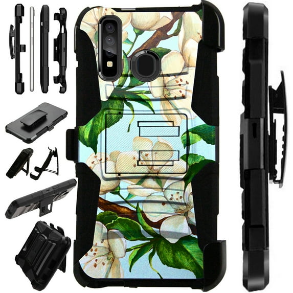 WORLD ACC LuxGuard Holster Case Compatible with Samsung Galaxy A21 Hybrid Phone Cover (Flower White Leaf)