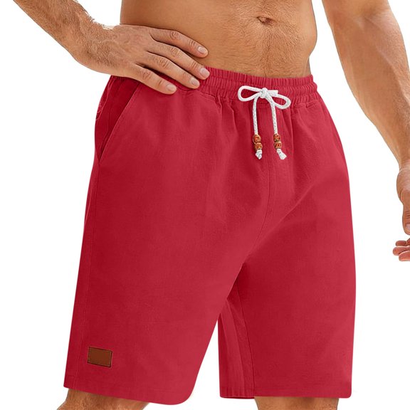 LMOIPLI Men's Linen Casual Shorts Elastic Drawstring Waist Summer Shorts with Pockets Lightweight Breathable Beach Shorts for Men Red S