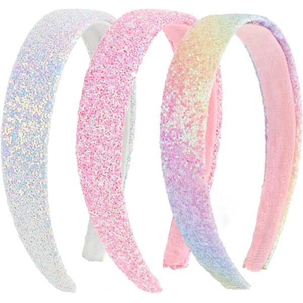 wonima44 Girls Headbands, 3PCS Headbands for Girls Women Glitter Pink Rainbow White Headband Sparkly Sequin Headband Hair Accessories
