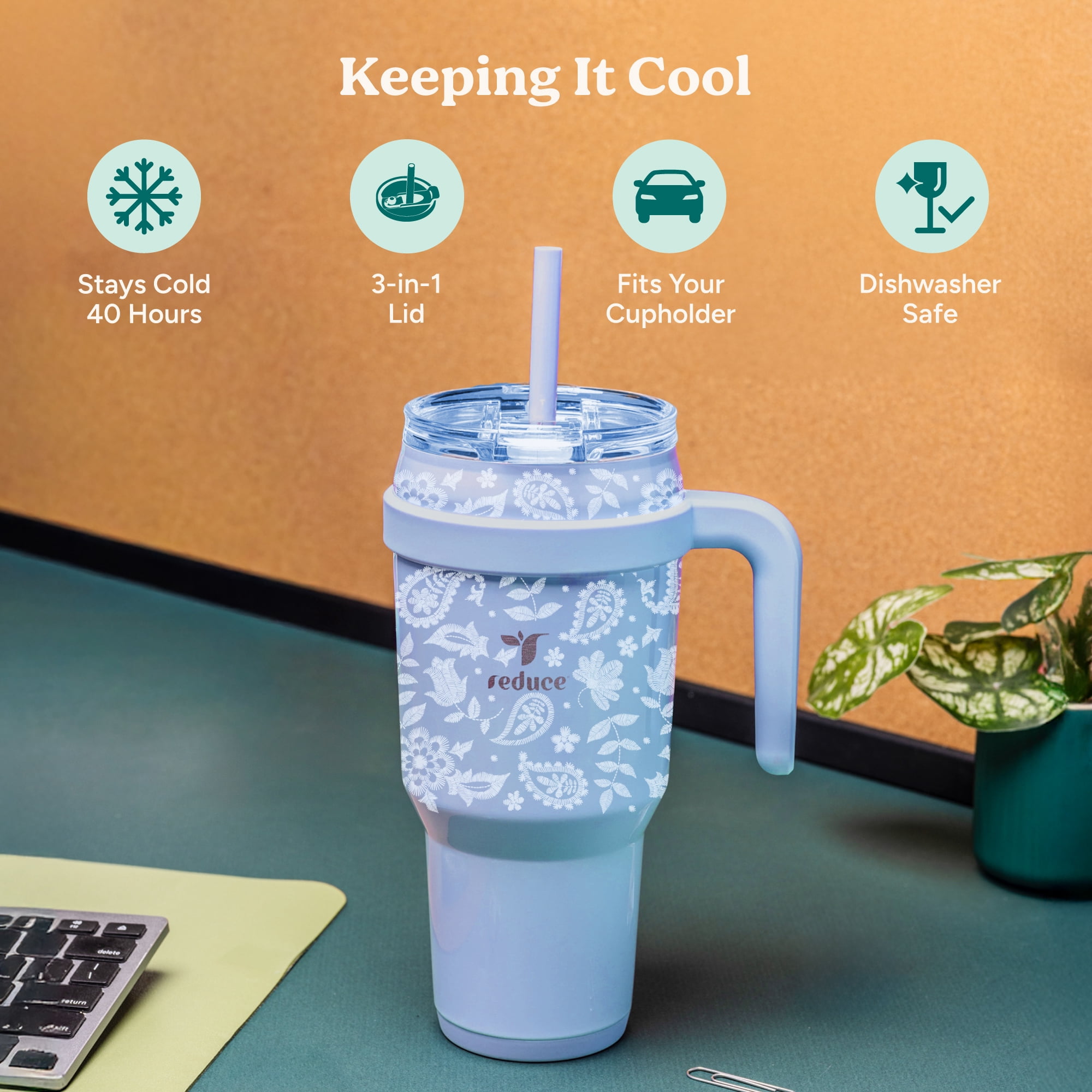 Reduce 40oz Cold1 Travel Mug with Straw and Straw Topper, Lid & Travel Handle, Insulated Stainless Steel, Embroidered Sky Blue