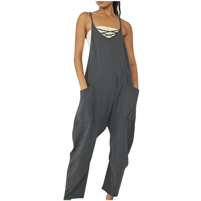 lmcalzta Womens Jumpsuits Summer Rompers Spaghetti Strap Camisole Pnats with Pockets Overall Outfits