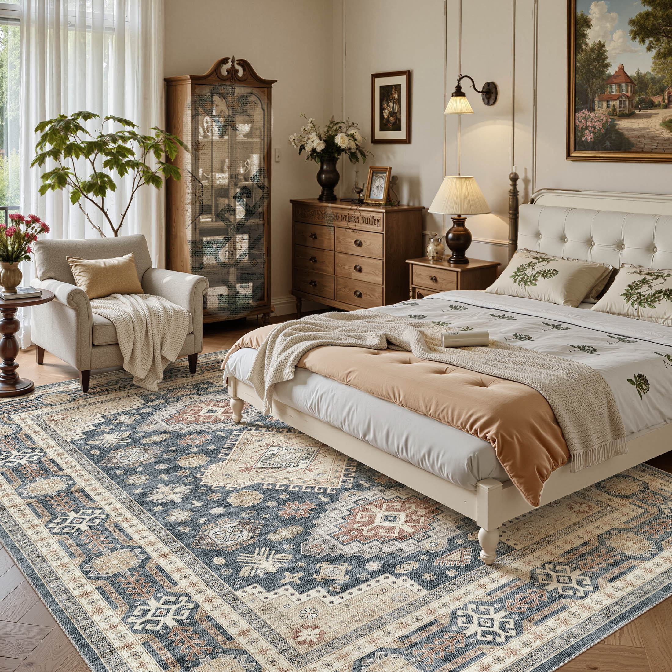 UERMEI 10'x14' Washable Area Rugs for Living Room, Modern and Vintage Non Slip Carpet, Low Pile Indoor Rug for Bedroom Home Decor Carpets, Blue Brown