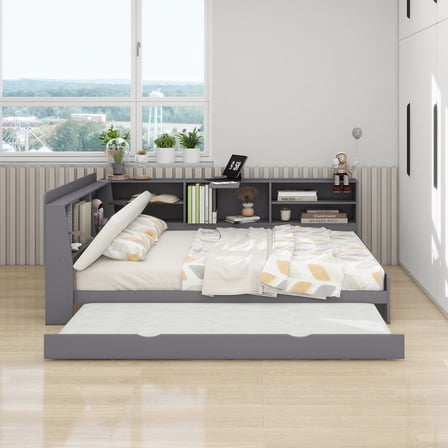 Wood Full Size platform bed with Trundle, Shelves and Storage Headboard, Gray