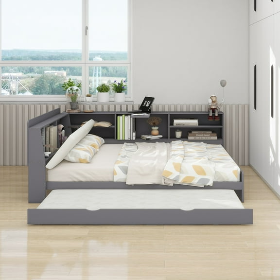 Wood Full Size platform bed with Trundle, Shelves and Storage Headboard, Gray