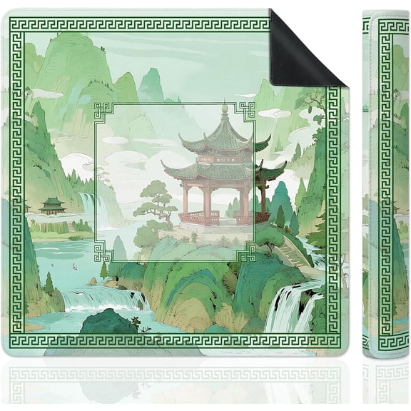 Green Chinoiserie Mahjong Mat for Table, Traditional Oriental Pavilion Chinese Landscape 31.5" x 31.5" Non-Slip & Noise Reduction Mahjong Mat for Poker Dominoes Cards & Board Games